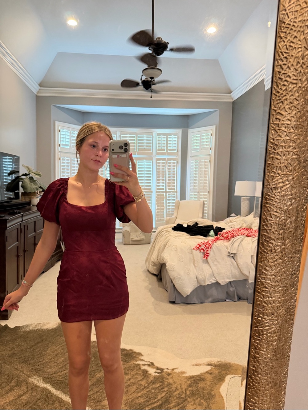 Altar'd State Burgundy Square-Neck Puff-Sleeve Mini Dress